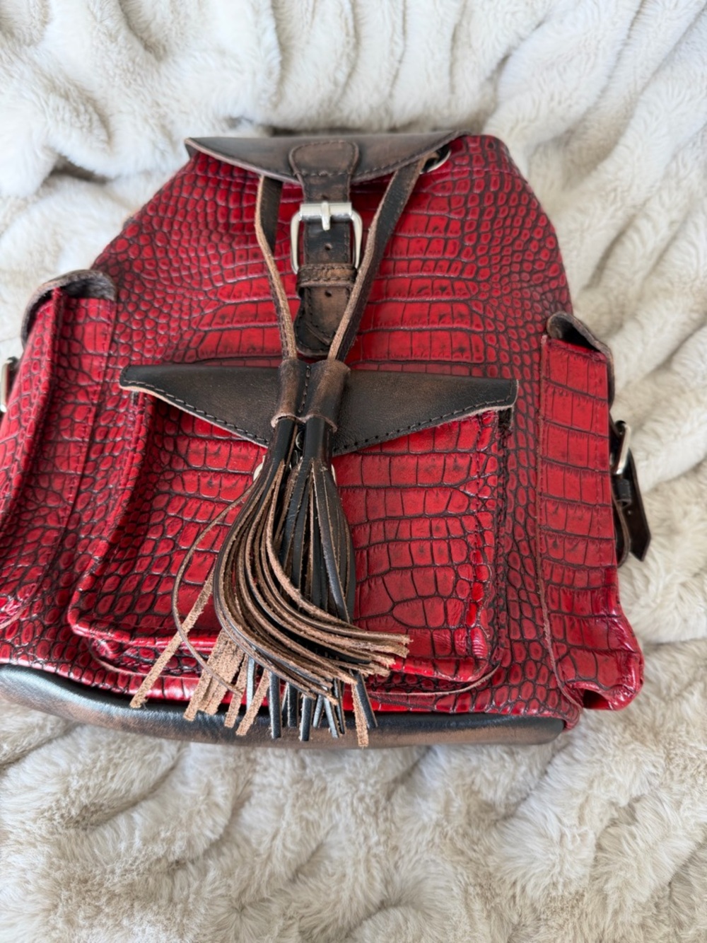 Freebird by Steven Red Croc-Embossed Backpack with Brown Trim and Tassel